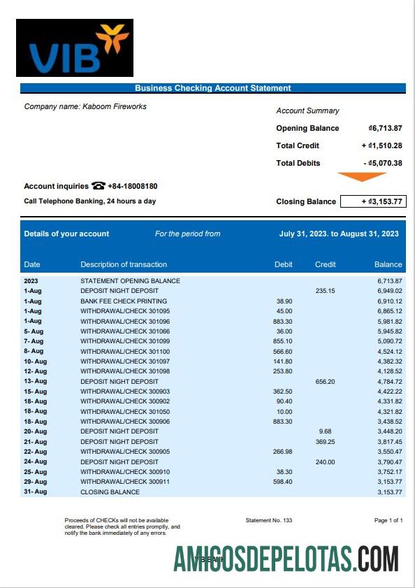 Em branco Extrato de conta corrente comercial do VIB Bank modelo Word e PDF